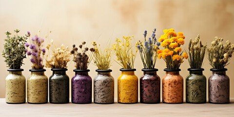 Wall Mural - Aesthetic jars of dried herbs and flowers against a beige background. Concept Still life photography, Dried herbs, Dried flowers, Aesthetic decor, Beige background