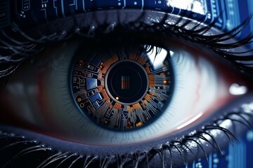 Poster - Cybernetic vision  hacker or ai robot eye in dark tech environment with digital background, close up