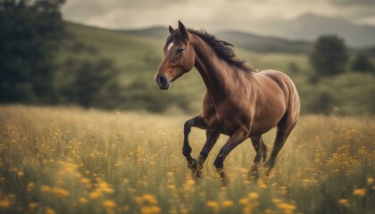 A majestic brown horse galloping through an open field filled with wildflowers, showcasing its grace and beauty in a natural setting.