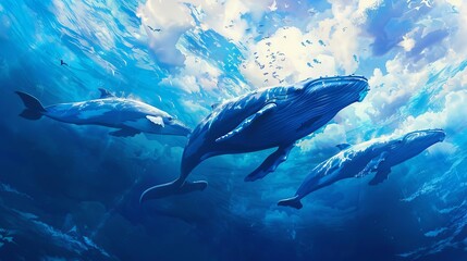 Wall Mural - majestic pod of whales gracefully swimming through vast ocean waters digital painting