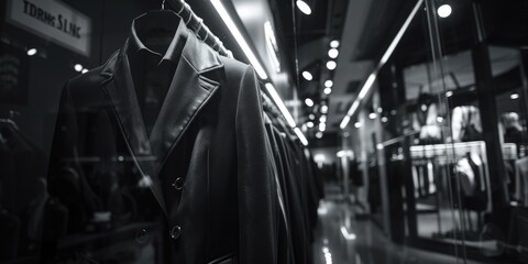 Wall Mural - A single black suit hangs from a hanger in a black and white photograph
