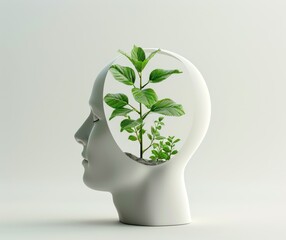 Wall Mural - Head with plant growing out on white background, conceptual image of growth and transformation in nature