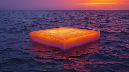 Wall Mural -   A square object bobbing in a body of water under a sunset over the ocean