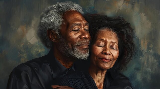 mature african american and asian couple portrait interracial love and affection digital painting