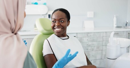 Poster - Happy woman, dentist and patient with consultation for teeth cleaning, treatment or dental care at clinic. Young female person or orthodontist consulting customer for oral, gum or tooth whitening