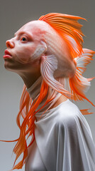 Surreal portrait of a young person with fish-like features, including vibrant orange fins and scales. Concept anthropomorphism, Mutationism and Beauty