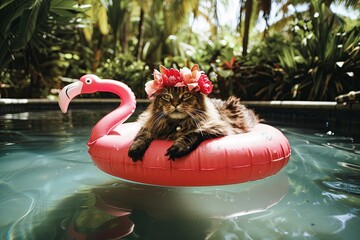 Canvas Print - A laid-back cat wearing a flower crown, lounging on a flamingo-shaped pool float in a lush, tropical pool.