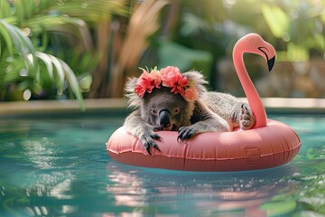 Wall Mural - A laid-back koala wearing a flower crown, floating on a flamingo-shaped pool float in a lush, tropical pool.