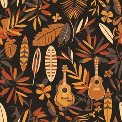 Wall Mural - Hawaiian shirt print brown botanical seamless pattern flat illustration with ukulele, palm trees, leaves, surfboards and turtles