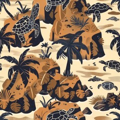 Wall Mural - Hawaiian shirt print brown botanical seamless pattern flat illustration with ukulele, palm trees, leaves, surfboards and turtles