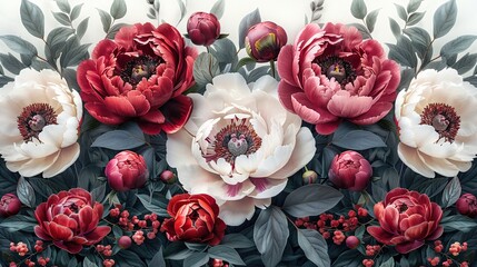 Wall Mural - a seamless floral print featuring burgundy and pink peonies buds plants and leaves for wrapping paper greeting cards or backgrounds.stock photo