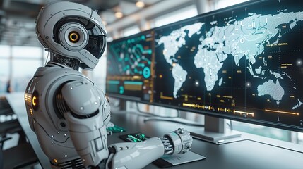 Poster - future robots conducting an online business meeting with holograms of global maps.stock photo