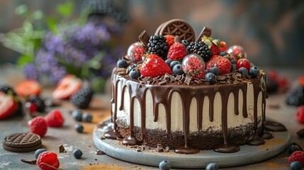 Wall Mural -   A high-resolution close-up photo of a scrumptious cake sitting on a wooden table, surrounded by luscious fresh berries and crushed Oreo cookies