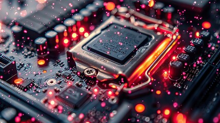 Fototapete - a macro shot of a computer motherboard and cpu with a colorful mood all logos have been cloned out.image illustration