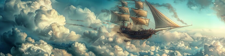 Wall Mural - Steampunk airship soaring through the clouds on an adventures