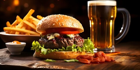 Wall Mural - Photo of Beer, Burger, and Fries on a Wooden Pub Counter. Concept Food Photography, Pub Setting, Delicious Trio, Wooden Counter, Bar Scene