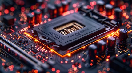 Fototapete - a macro shot of a computer motherboard and cpu with a colorful mood all logos have been cloned out.illustration
