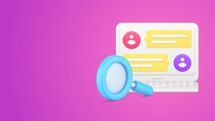 Poster - Chatting dialogue message web cyberspace at laptop display magnifying glass 3d icon illustration