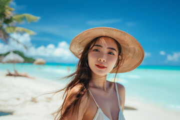 Young Asian tourist female relaxing on vacation at the beach. Summer, travel and holiday concept