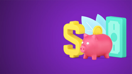 Poster - Piggy bank with coins and cash money dollar golden symbol 3d icon isometric illustration