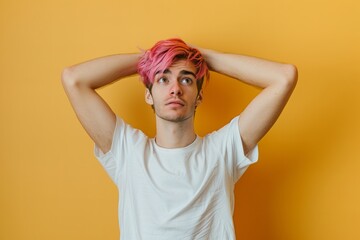 young diverse guy non binary person with pink hair wearing blank white t-shirt on orange yellow wall background with copy space