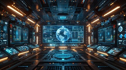 Poster - feature a wide banner of a modern high tech futuristic control room or center stock ai.stock illustration