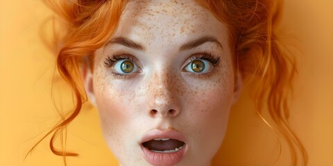 Surprised ginger woman with wide eyes and open mouth in a close-up portrait. Concept Portrait Photography, Surprised Expression, Close-Up Shot, Ginger Hair, Facial Expression