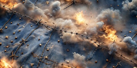 Wall Mural - Denim with barbed wire interwoven, smoke and fire effects background texture