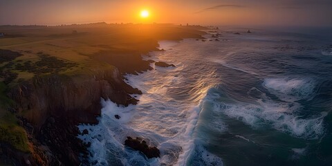 Wall Mural - Ocean waves crashing against rocky cliffs at sunset from an aerial perspective. Concept Aerial Photography, Ocean Waves, Rocky Cliffs, Sunset, Nature Landscape