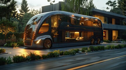 Poster - an electric truck powered by electric alternative energy in a futuristic car design incorporating solar panel powered residential homes for environmental concepts as wide banners.stock illustration