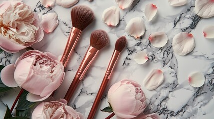 Wall Mural - Luxurious HighEnd Makeup Brushes on Marble Surface with Delicate Peony Petals Beauty and Elegance in Every Stroke