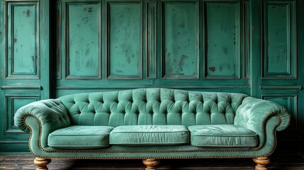 Wall Mural -   Green couch on wooden floor sits in front of green paneled wall
