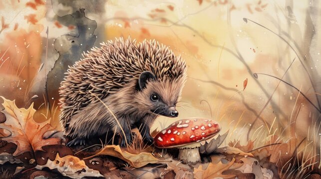 A hedgehog enjoys a meal of a mushroom in a natural setting
