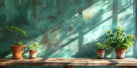 Sticker - Capturing a High-Quality Image of a Brown Wooden Table with Potted Plants and Green Wall. Concept Decor Photography, Plant Styling, Home Decor Ideas, Interior Design Inspiration, Wooden Table Decor