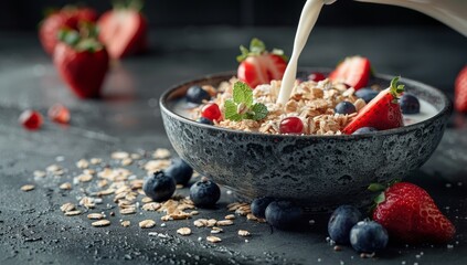 Wall Mural - A bowl of fruit breakfast cereal, brewed with milk, healthy green diet concept. Dark background. nutrition and health.