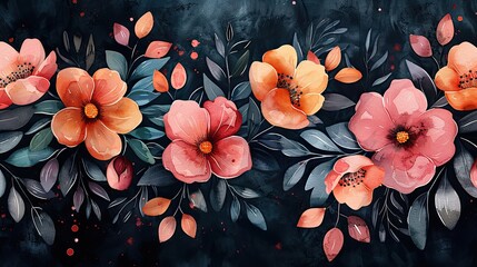 Wall Mural - on a black background you will find seamless watercolor olea floral patterns with olive branches leaves blush flower bouquets and paint splashes.stock illustration