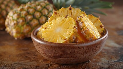Wall Mural -   A wooden bowl holds pineapple slices atop a stone counter, beside a pineapple