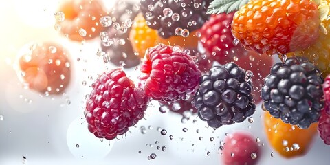 Collection of isolated photos showing berries falling on a white background. Concept Falling Berries, Isolated Images, White Background, Natural Motion, Juicy Fruits