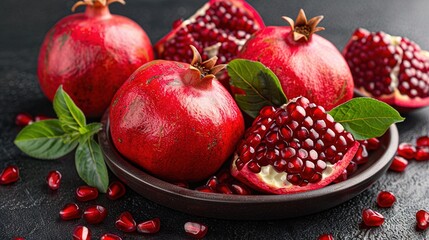 Wall Mural -   A platter of pomegranates on a table, adorned with leaves above