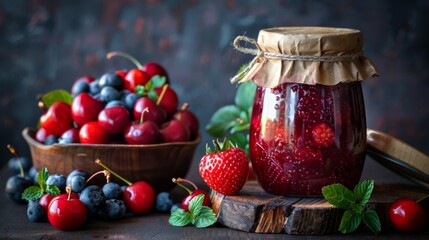 Wall Mural - Fresh healthy berry jam, green food concept.Selective focus.