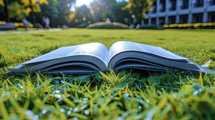 Wall Mural - Close up of opened book on green spring grass of garden under bright sun. Learning, reading, literature, education concept. Photorealistic. International Day 