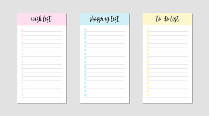 A set of three lists designed for efficient organization and planning, featuring a wish list, shopping list, and todo list. each list has a unique pastel color header and icons to visually distinguish