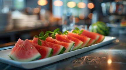 Fresh watermelon slices on a white plate in a modern kitchen. Vibrant colors and fresh ingredients. Great for healthy food concepts.