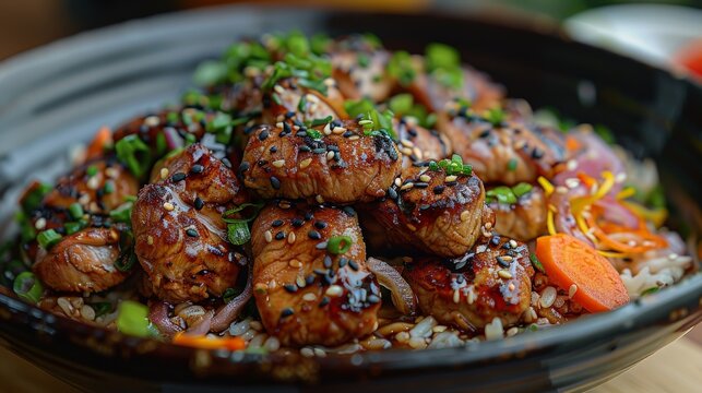 A Close-Up of a Savory Teriyaki Chicken and Rice Bowl With Sesame Seeds and Green Onions. Generative AI