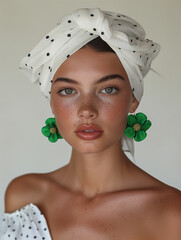 Wall Mural - Woman wearing a white polka dot headscarf worn with green flower-shaped earrings. The look is styled in the style of a minimalist aesthetic.