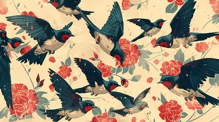 Retro spring plant swallows pattern illustration poster background