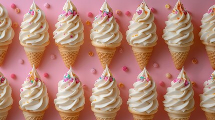   Pink background with sprinkles on vanilla ice cream cones