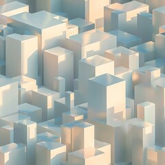 Wall Mural - A 3D render of an abstract geometric cityscape, with buildings composed of various polyhedra, bathed in soft morning light with long shadows. Minimal pattern banner wallpaper, simple background,