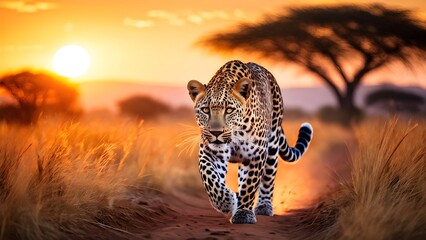 african savannah sunrise with a leopard