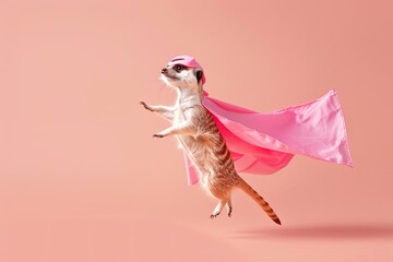 Poster - An adventurous meerkat, sporting a pink superhero cloak and mask, jumps and soars against a pastel peach background.